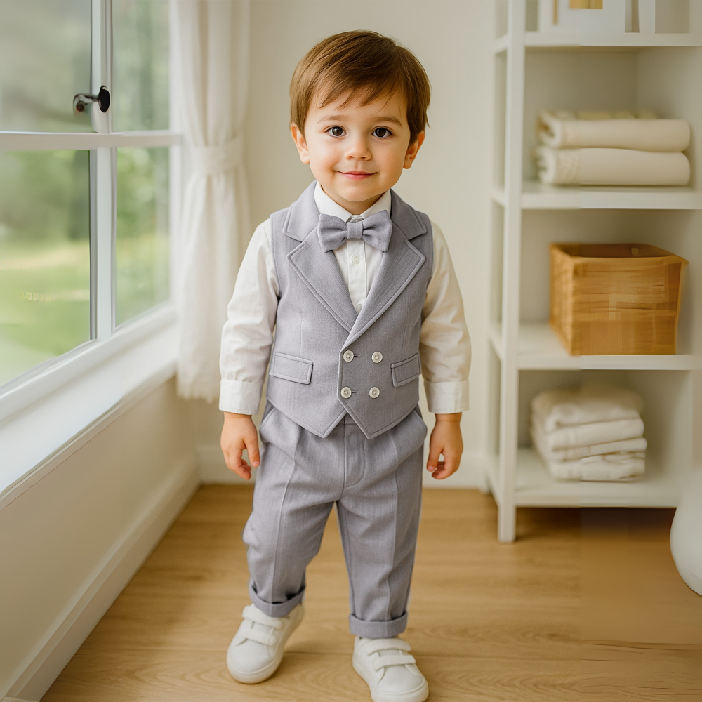 Κομψό Αγορίστικο Κοστούμι 3 Τεμαχίων – Μπλε Πουκάμισο, Γιλέκο και Παντελόνι με Παπιγιόν