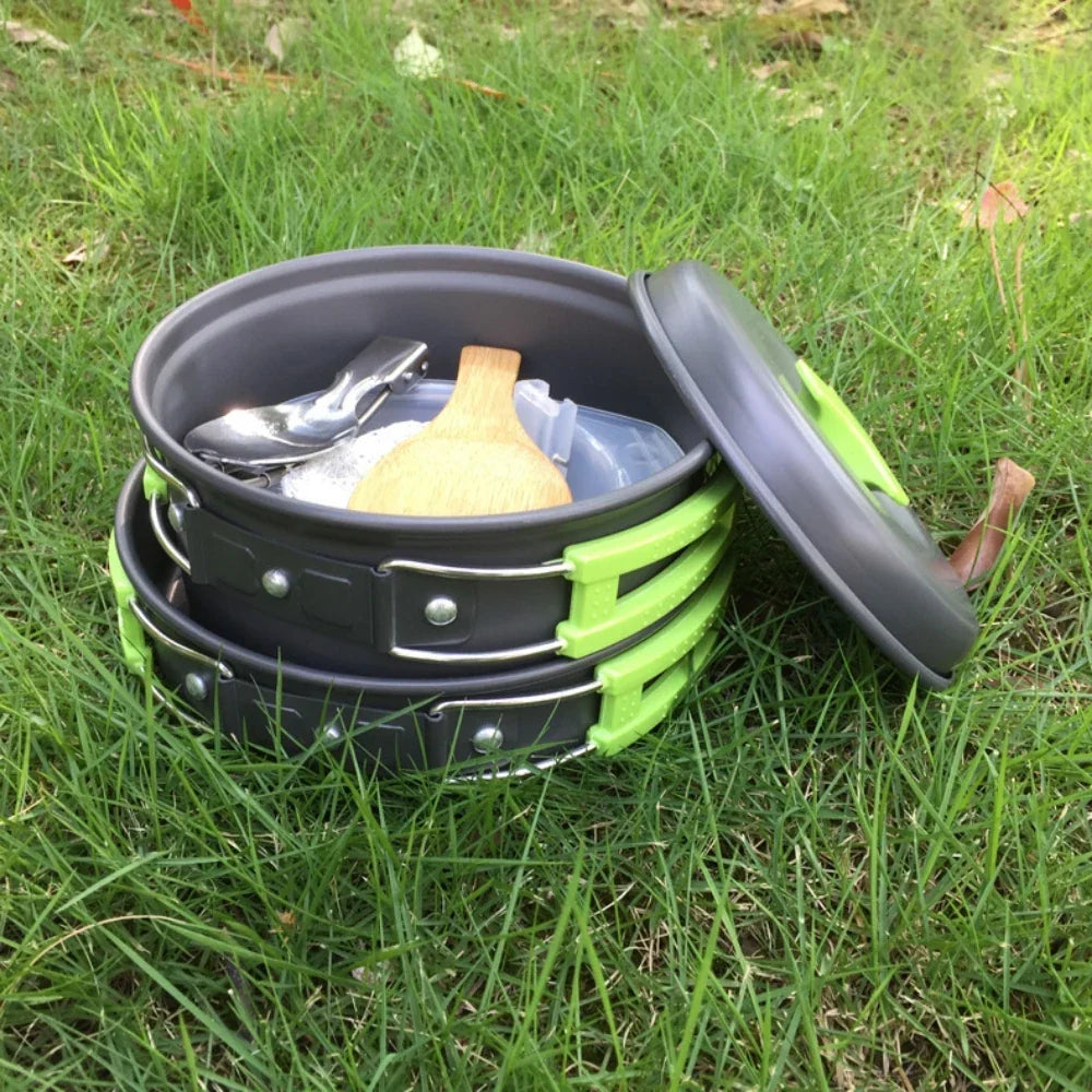 Μίνι Σετ Μαγειρικών Σκευών Camping 1,8L - Αντικολλητική Κατσαρόλα Αλουμινίου - Ένθετη Αποθήκευση - Πράσινο, Πορτοκαλί & Μαύρο