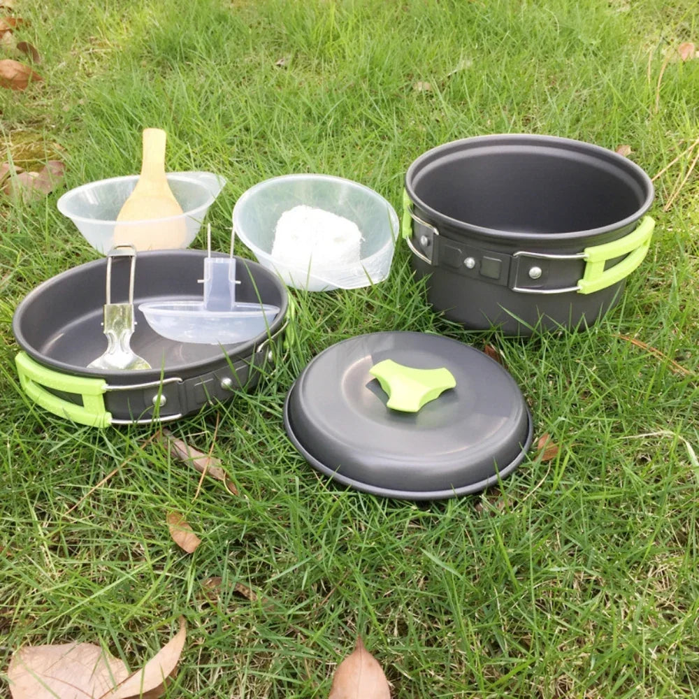 Μίνι Σετ Μαγειρικών Σκευών Camping 1,8L - Αντικολλητική Κατσαρόλα Αλουμινίου - Ένθετη Αποθήκευση - Πράσινο, Πορτοκαλί & Μαύρο