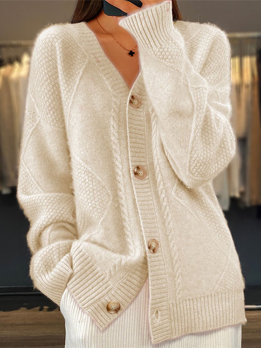 Γυναικεία Πλεκτή Ζακέτα Cardigan με Λαιμόκοψη V - Πλεξούδες