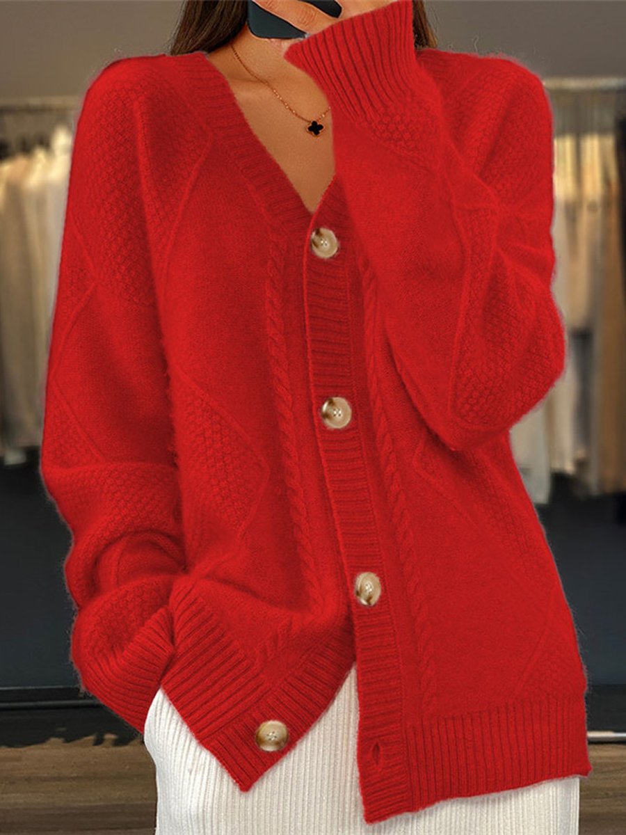 Γυναικεία Πλεκτή Ζακέτα Cardigan με Λαιμόκοψη V - Πλεξούδες