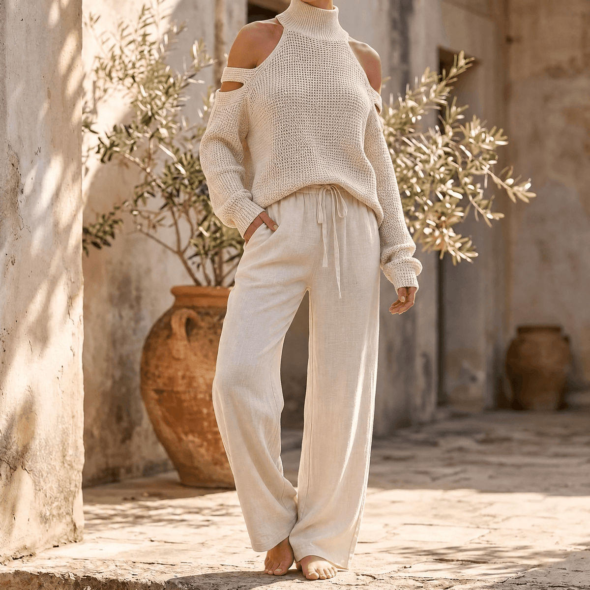 Γυναικείο Σετ με Πλεκτό Cold-Shoulder και Παντελόνα