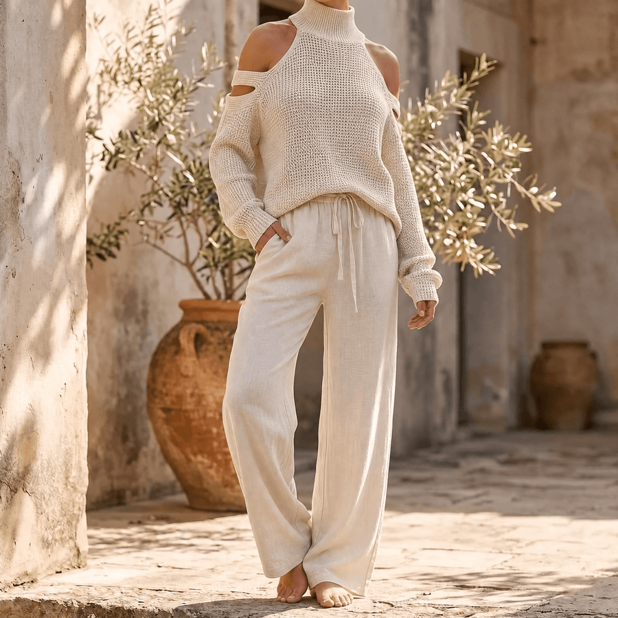 Γυναικείο Σετ με Πλεκτό Cold-Shoulder και Παντελόνα