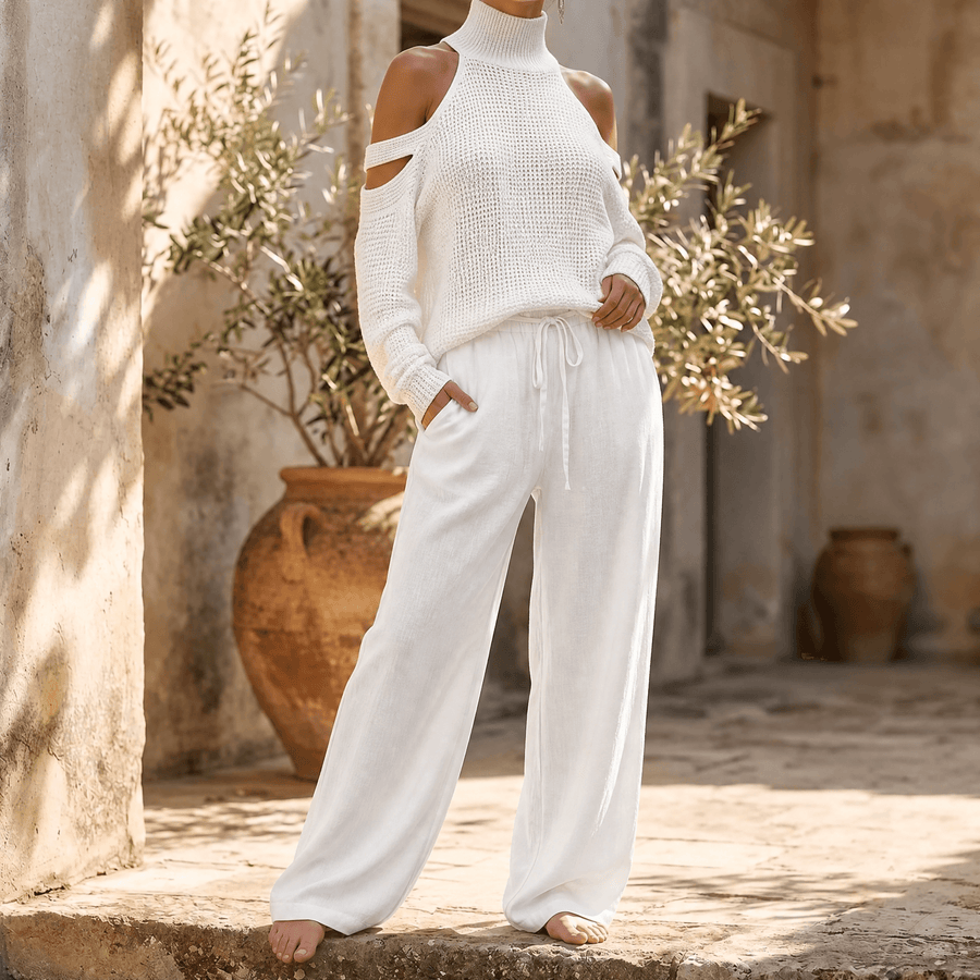 Γυναικείο Σετ με Πλεκτό Cold-Shoulder και Παντελόνα
