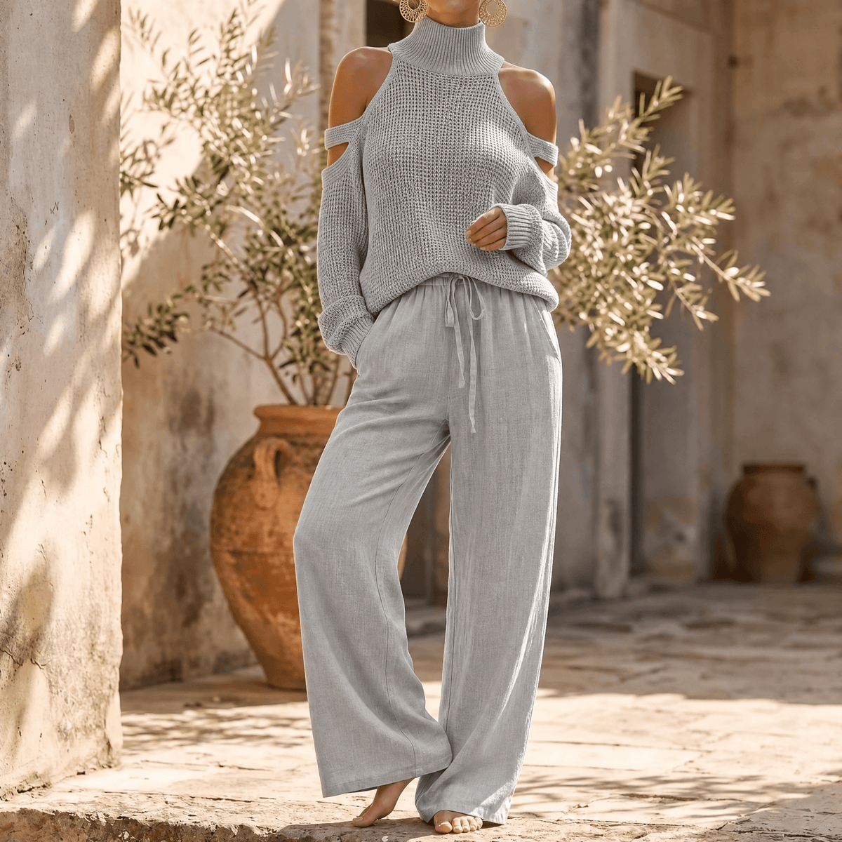 Γυναικείο Σετ με Πλεκτό Cold-Shoulder και Παντελόνα