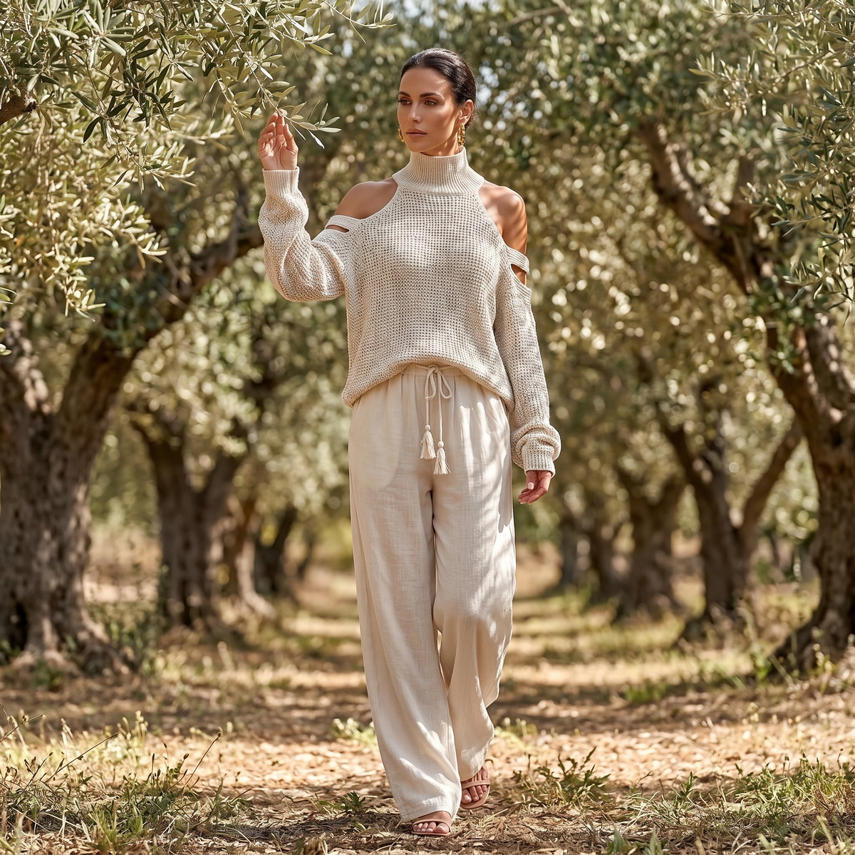 Γυναικείο Σετ με Πλεκτό Cold-Shoulder και Παντελόνα