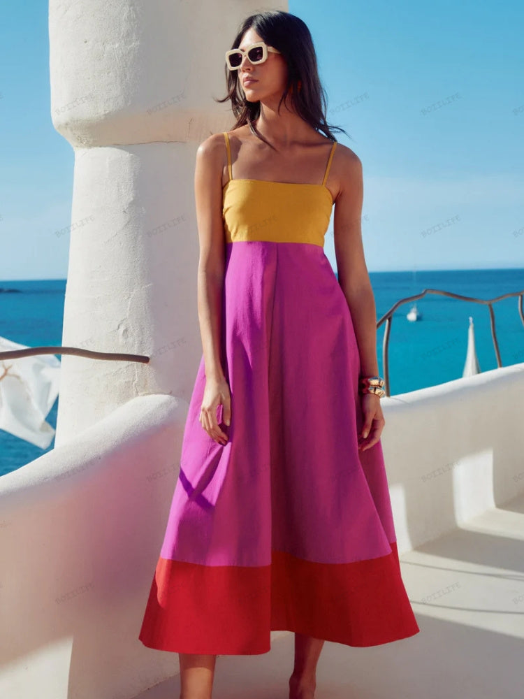 Σικ Καλοκαιρινό Φόρεμα Color Block με Λεπτές Τιράντες