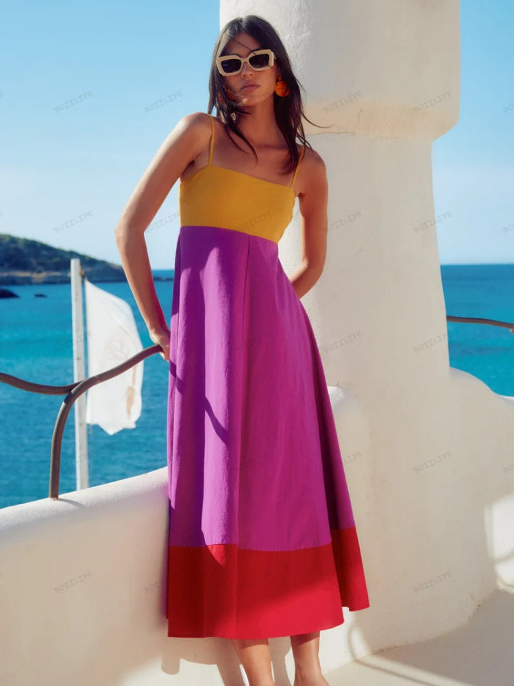 Σικ Καλοκαιρινό Φόρεμα Color Block με Λεπτές Τιράντες