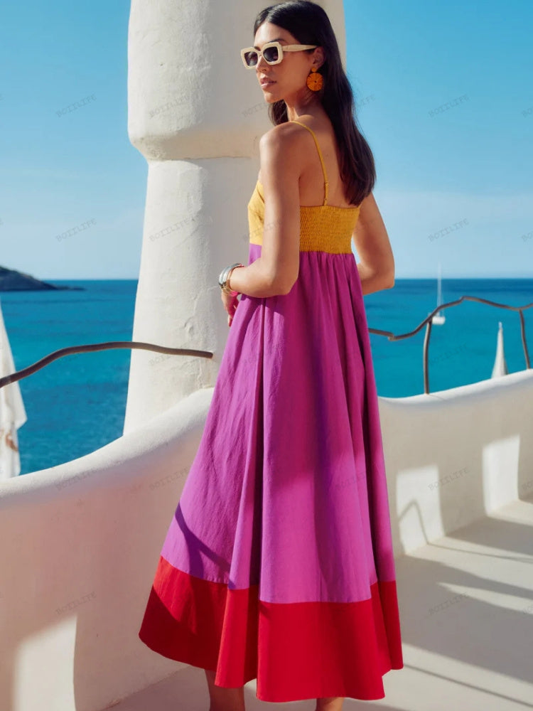 Σικ Καλοκαιρινό Φόρεμα Color Block με Λεπτές Τιράντες