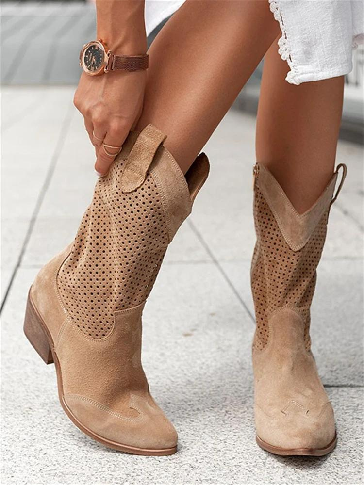 Γυναικείες Μπότες Cowgirl έως το Γόνατο – Μεσαίο Τακούνι & Κεντητές Ραφές