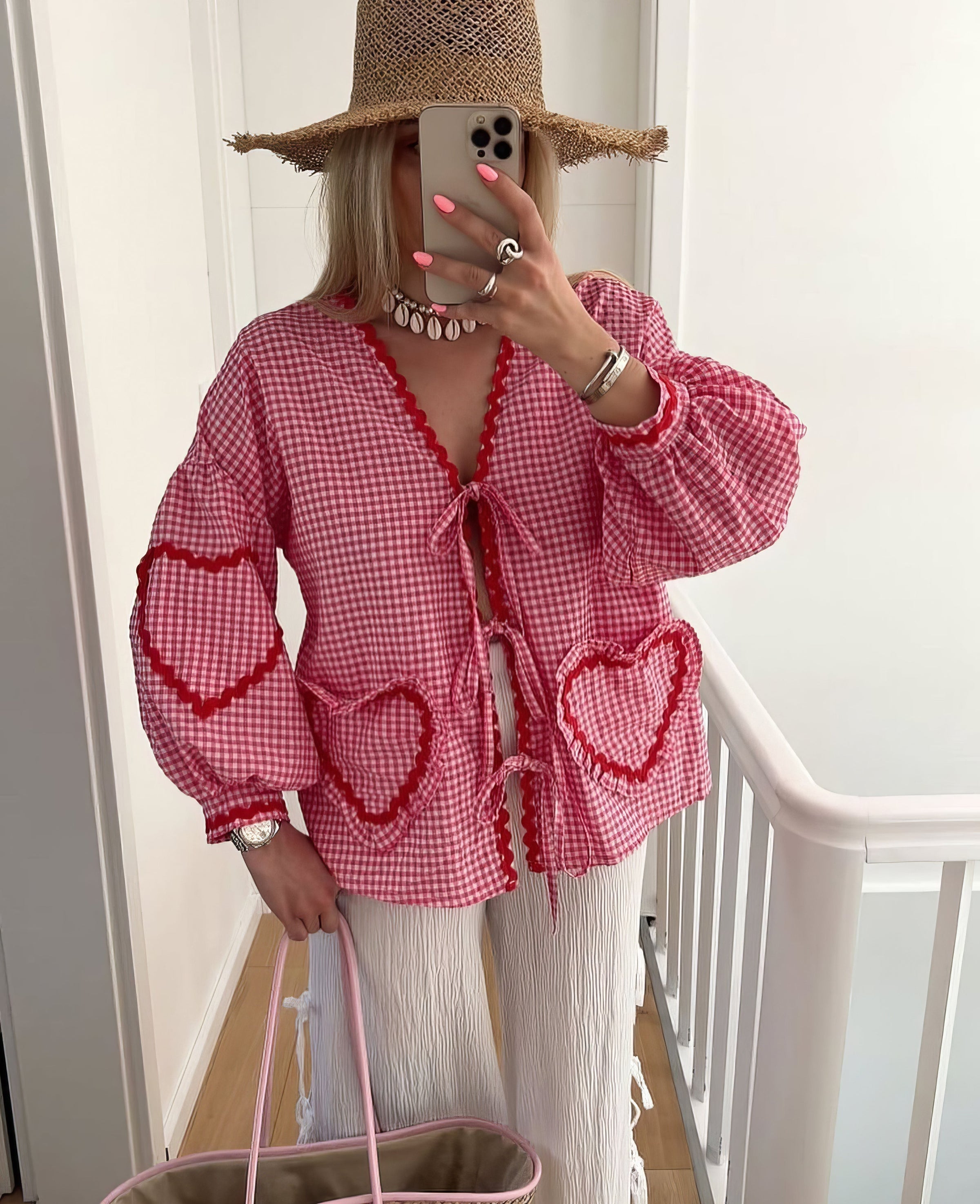 Γυναικεία Καρό Μπλούζα Gingham με Ανοιχτό Μπροστινό Μέρος