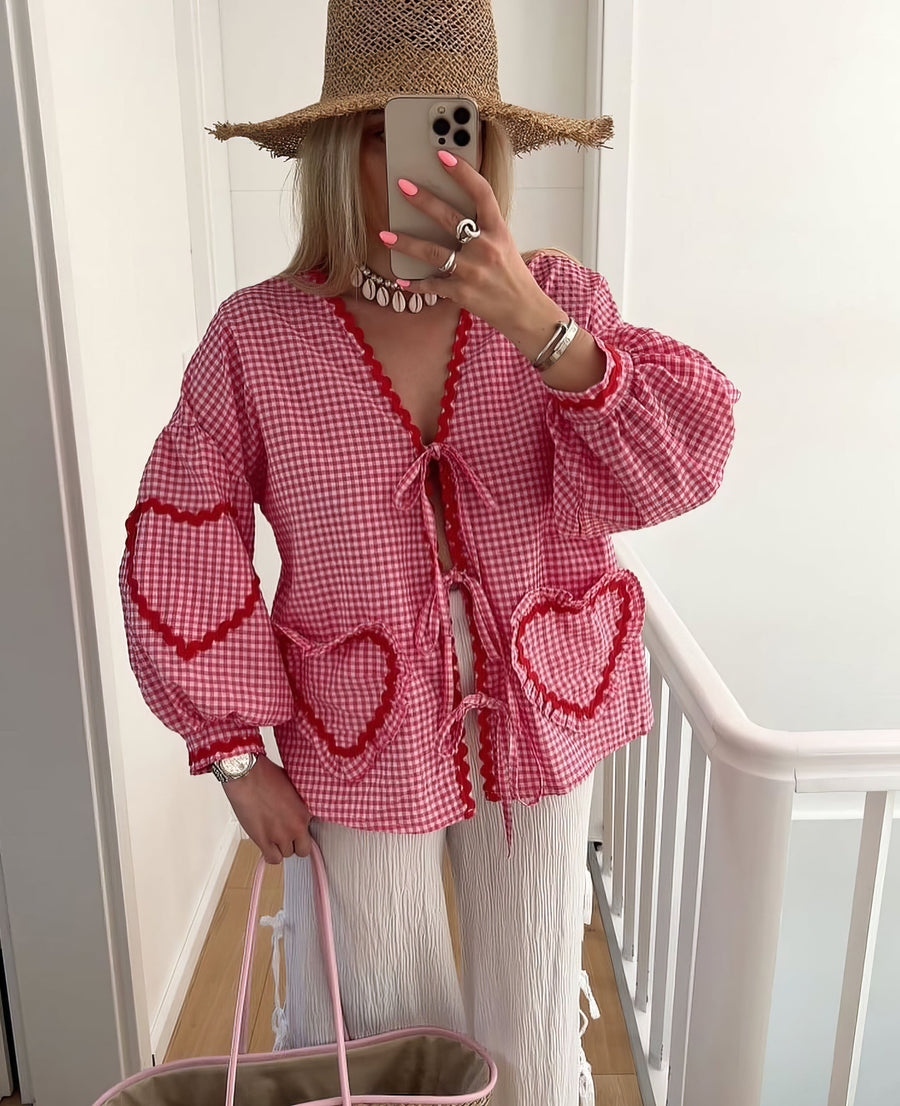 Γυναικεία Καρό Μπλούζα Gingham με Ανοιχτό Μπροστινό Μέρος