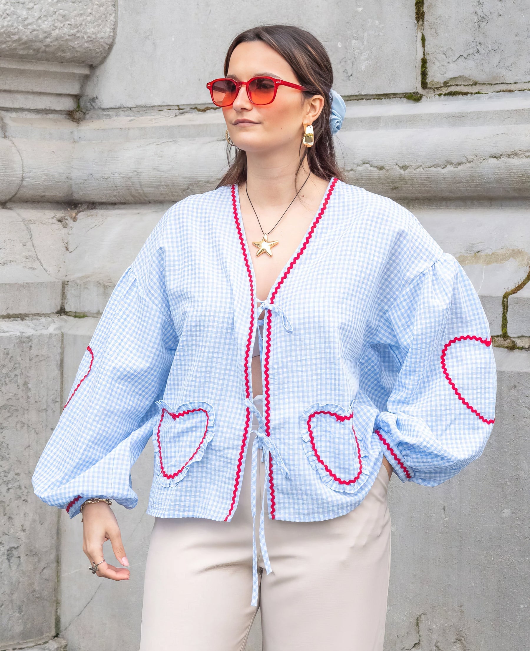 Γυναικεία Καρό Μπλούζα Gingham με Ανοιχτό Μπροστινό Μέρος