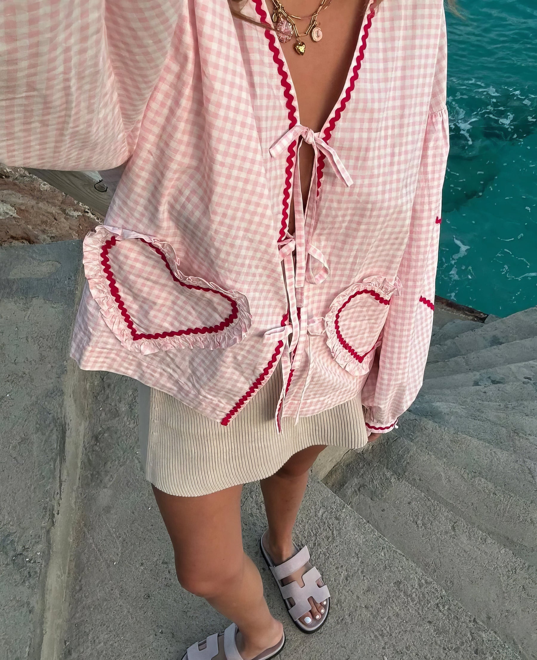 Γυναικεία Καρό Μπλούζα Gingham με Ανοιχτό Μπροστινό Μέρος