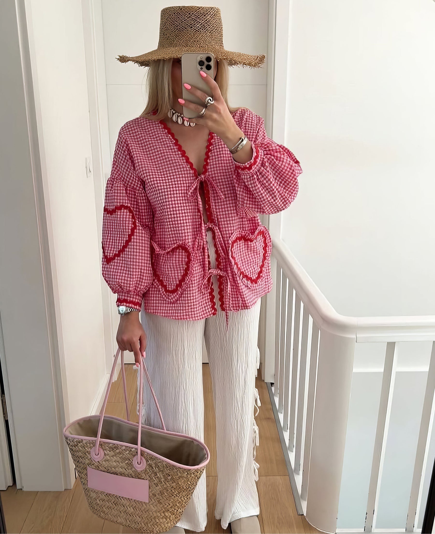 Γυναικεία Καρό Μπλούζα Gingham με Ανοιχτό Μπροστινό Μέρος