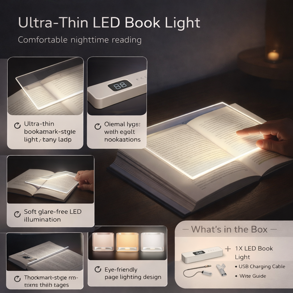 Lampa LED ανάγνωσης για βιβλία, υπερλεπτή, επαναφορτιζόμενη μέσω USB