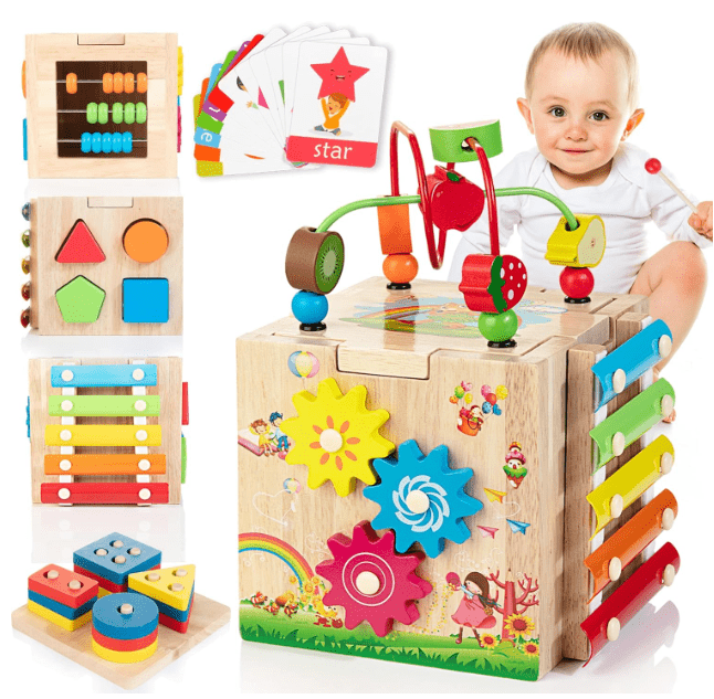 Παιδικός Ξύλινος Εκπαιδευτικός Κύβος Montessori 8-σε-1 με Εκπαιδευτικά Παιχνίδια