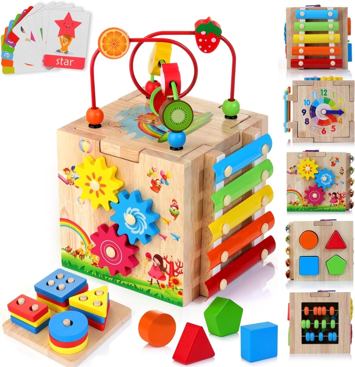 Παιδικός Ξύλινος Εκπαιδευτικός Κύβος Montessori 8-σε-1 με Εκπαιδευτικά Παιχνίδια
