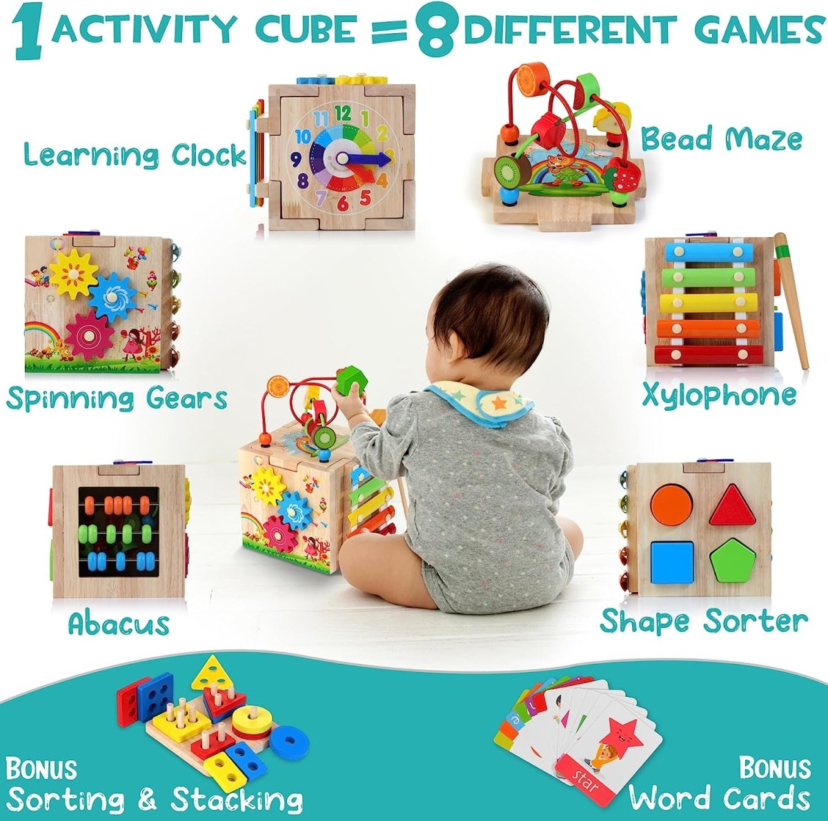 Παιδικός Ξύλινος Εκπαιδευτικός Κύβος Montessori 8-σε-1 με Εκπαιδευτικά Παιχνίδια