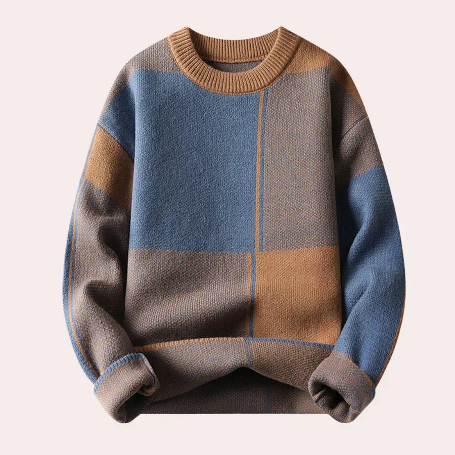 Ανδρικό Πλεκτό ΠουλOver Color Block με Στρογγυλή Λαιμόκοψη