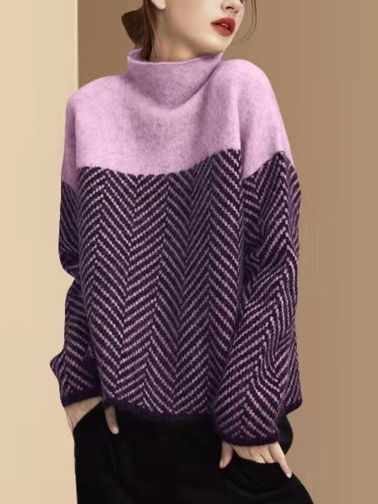 Γυναικείο Πλεκτό ΠουλOver με Ζιβάγκο και Colorblock Design