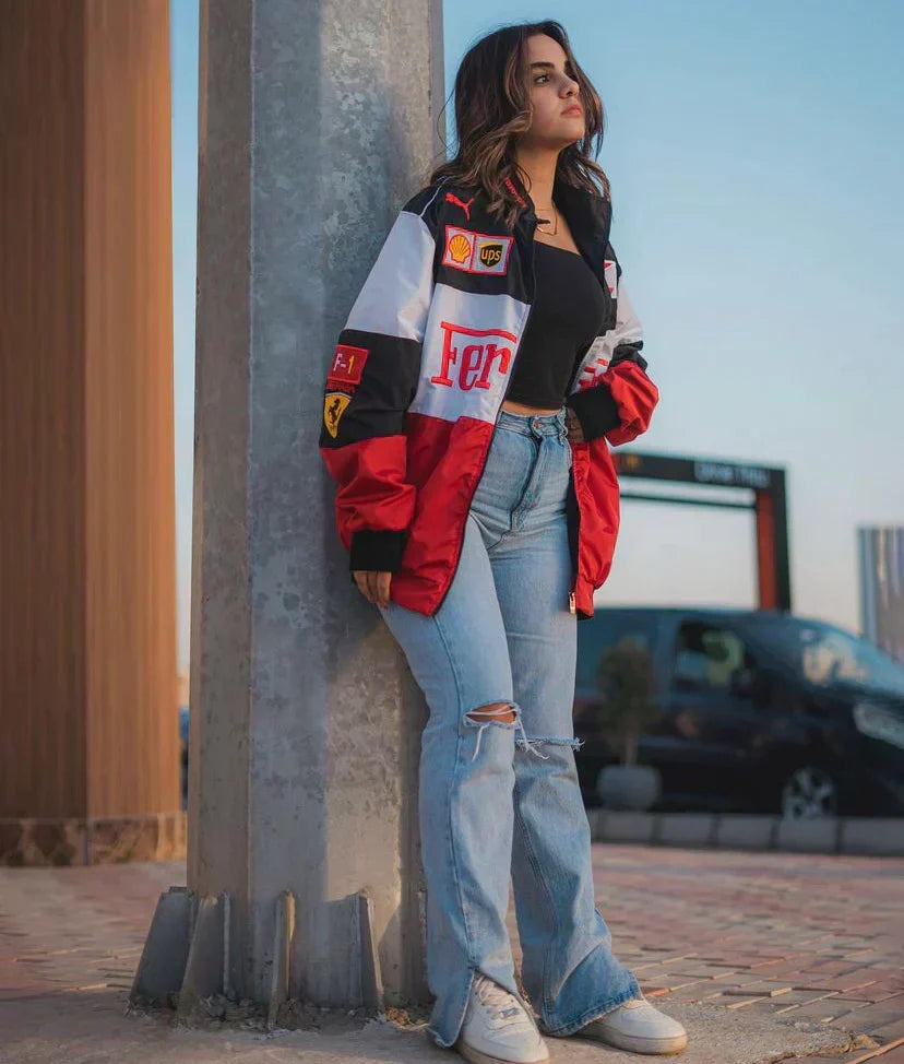 Γυναικείο Oversize Μπουφάν Racing | Στυλ Motorsport με Χρωματικά Blocks και Μπάλες