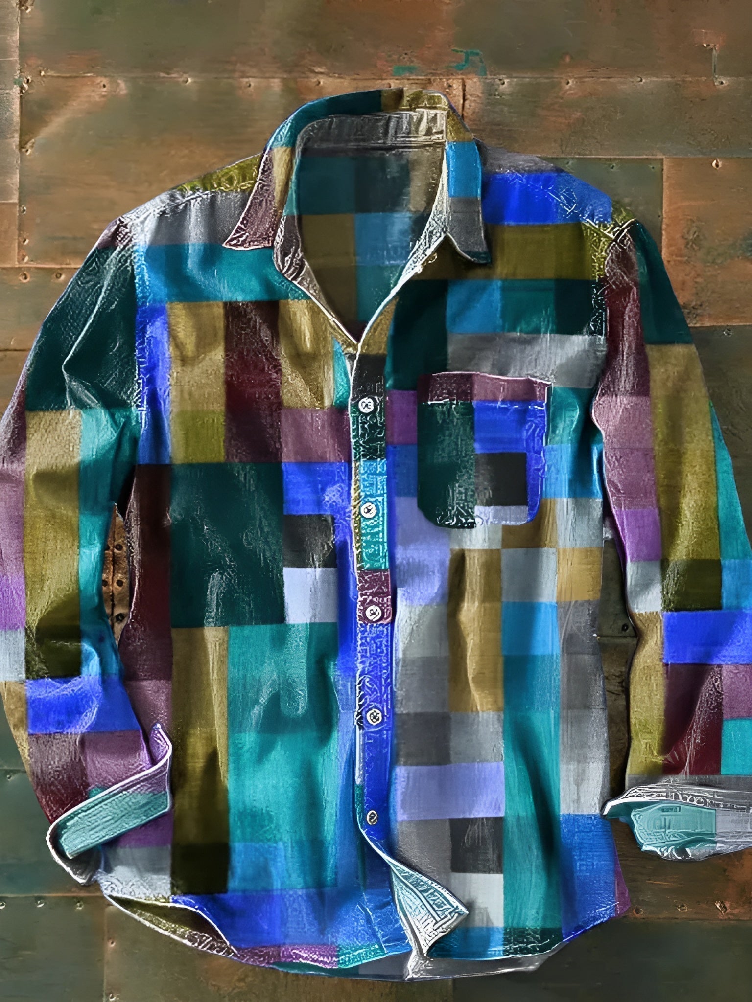 Ανδρικό Μακρυμάνικο Πουκάμισο με Σχέδιο Patchwork και Τσέπη στο Στήθος