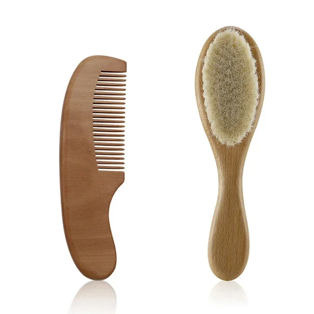 Σετ Απαλές Βούρτσες Μαλλιών για Νεογέννητα Μωρά από Ξύλο και Φυσικό Μαλλί