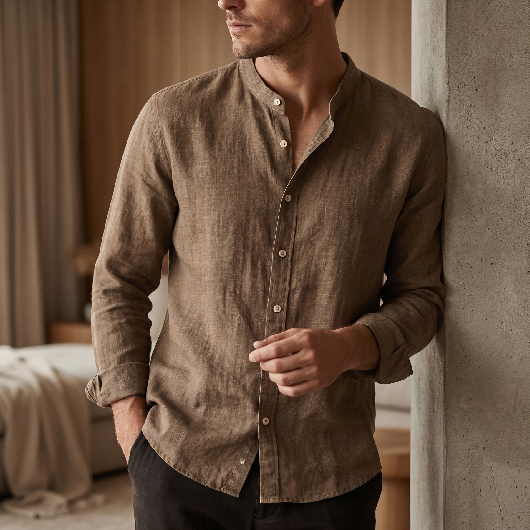 Ανδρικό Λινό Πουκάμισο | Slim Fit με Γιακά Henley | Καλοκαιρινό Casual Μπλουζάκι