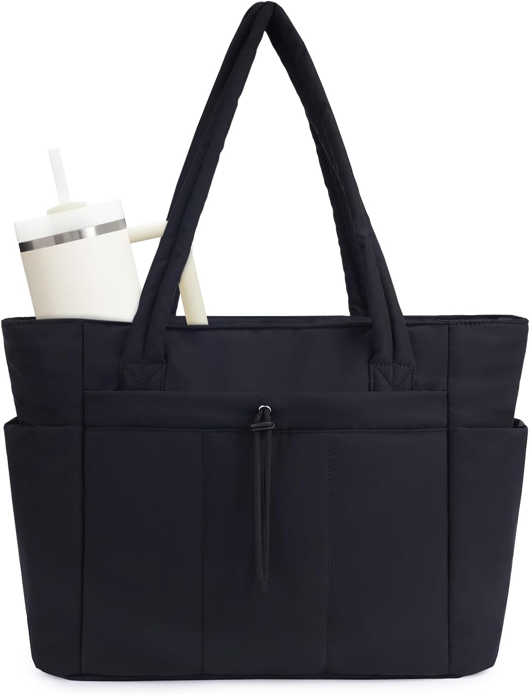 Καπιτονέ Φουσκωτή Τσάντα Tote με Θήκη Laptop και Θήκη για Ποτήρι
