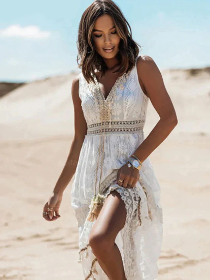 Vintage Boho Μάξι Φόρεμα με Κορδόνι Προσαρμογής
