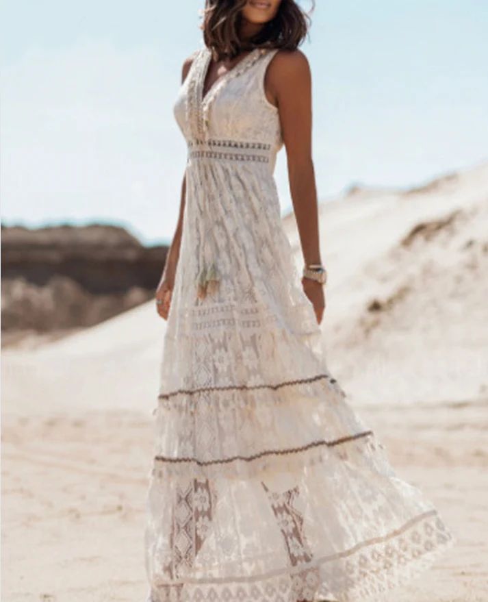 Vintage Boho Μάξι Φόρεμα με Κορδόνι Προσαρμογής