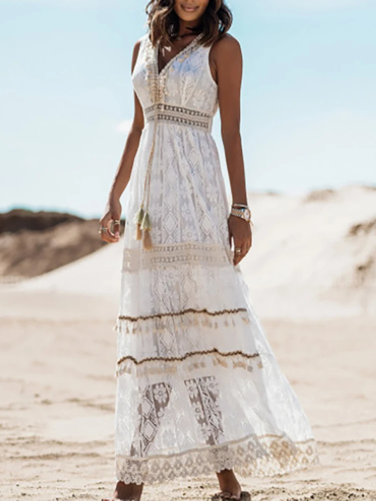 Vintage Boho Μάξι Φόρεμα με Κορδόνι Προσαρμογής