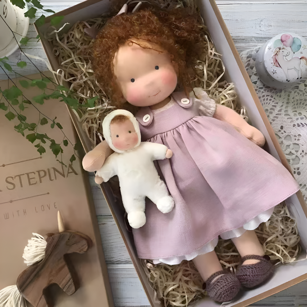Μαλακή Κούκλα Αγκαλιάς Τύπου Waldorf με Απαλή Πλεκτή Ζακέτα